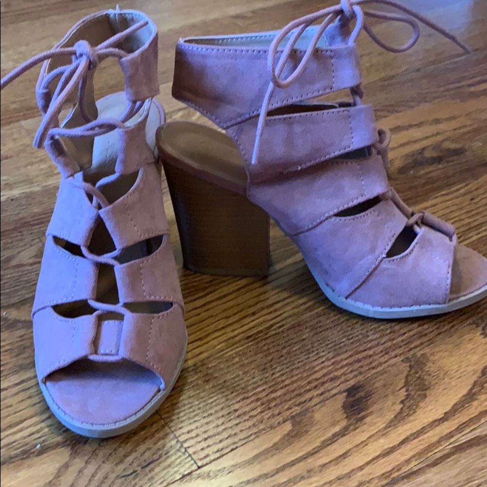 Pink lace up block heels